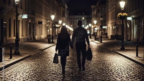 A couple walks hand in hand through a romantic cobblestone street at night