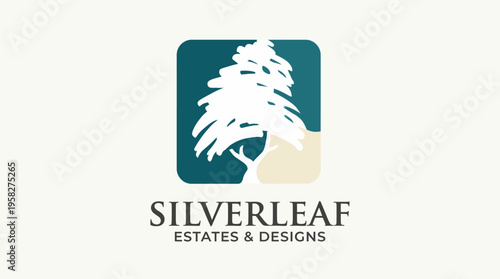 A stylish logo representing Silverleaf Estates & Designs featuring a tree emblem, symbolizing stability, growth, and a connection to nature in real estate and design.