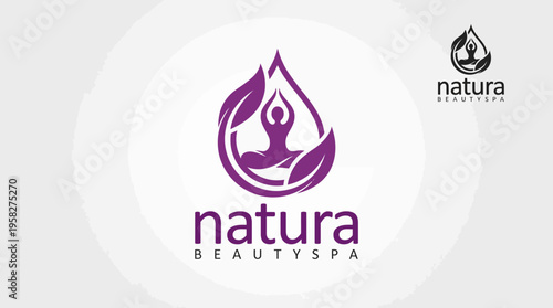A beautiful and calming logo for Natura Beautispa represents relaxation, wellness, and natural beauty with a central figure meditating, surrounded by soothing elements.