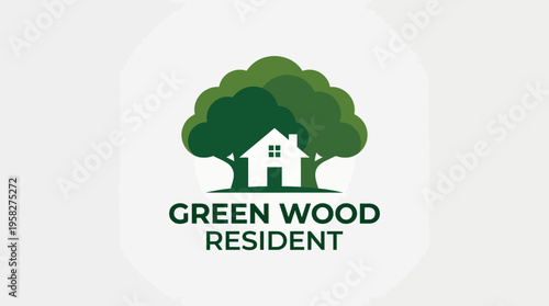 A tranquil logo for Green Wood Resident featuring two trees and a house, symbolizing community, nature, and comfortable living within a serene environment.