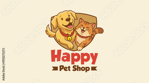 A charming logo for a Happy Pet Shop featuring a joyful dog and cat representing the bond between pets and their owners in a fun and lively pet shopping experience.