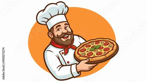 A jovial chef with a bushy beard holds a freshly baked pizza topped with pepperoni and basil, exuding warmth and inviting patrons to enjoy a delightful meal together.