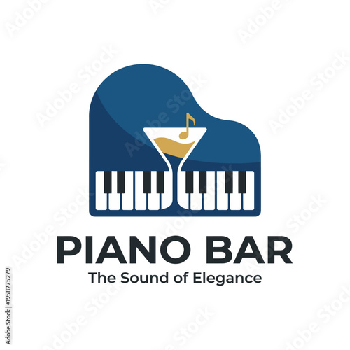 A classy logo representing a piano bar, featuring a grand piano silhouette and a martini glass, encapsulating elegance and allure for those who appreciate fine music and cocktails.