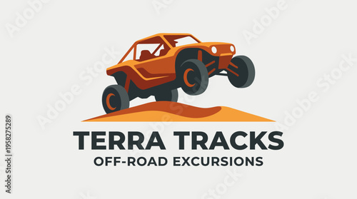 An energetic logo for Terra Tracks, showcasing an off-road vehicle in mid-jump over sand dunes, embodying the thrill and excitement of off-road adventures in rugged terrains.