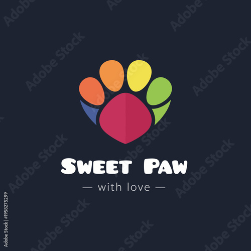 A heartwarming logo featuring a paw print filled with vibrant colors, representing Sweet Paw, an affectionate pet care brand dedicated to providing love and comfort for animals.
