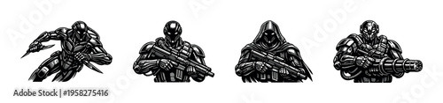 Futuristic robot soldiers, sci-fi characters in black and white vector silhouettes