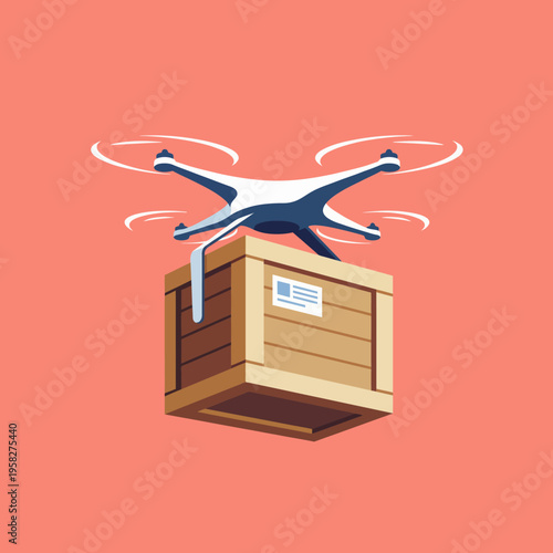 Witness a drone hovering over a parcel, showcasing innovative delivery concepts, reflecting technology's impact on logistics and contemporary commerce in a crisp style.