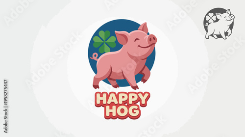 This vibrant logo features a cheerful pig surrounded by a four-leaf clover, symbolizing happiness and good fortune for the Happy Hog brand. Perfect for food industry branding.