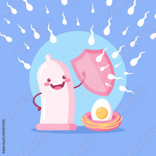 An animated condom character humorously interacting with sperm, promoting safe practices and awareness around sexual health in a playful and friendly manner.