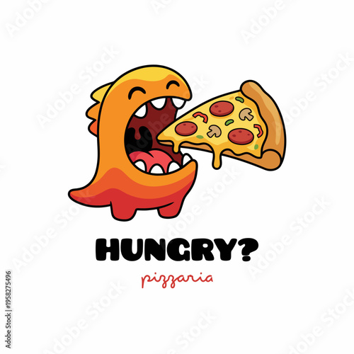 This playful and colorful illustration of a cartoon monster enjoying a pizza slice attracts attention, perfect for a vibrant and fun pizza restaurant branding.