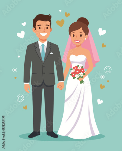 A cheerful illustration of a happy couple in wedding attire holding hands, celebrating their love in a joyful, bright setting, perfect for wedding-themed projects or invitations.