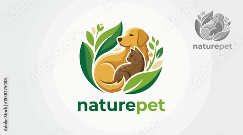 A charming logo that beautifully symbolizes the bond between dogs and cats, highlighting nature and organic elements, perfect for businesses focusing on pet care.
