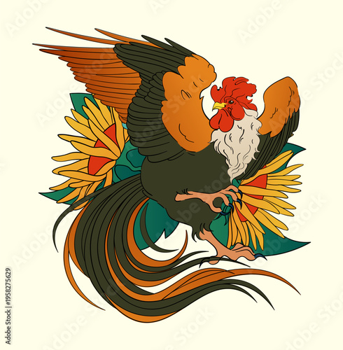 Mystic boho card. Zodiac horoscope. Color tattoo print. Rooster and flowers. Wing and tail feathers. Poultry fly. Prosperity oriental symbol. Chicken cock bird. Cockerel character. Vector Asian animal