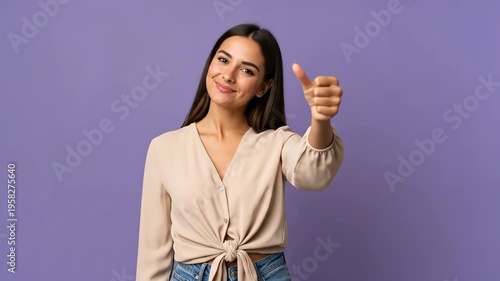 A young woman giving a thumbs up against a purple background