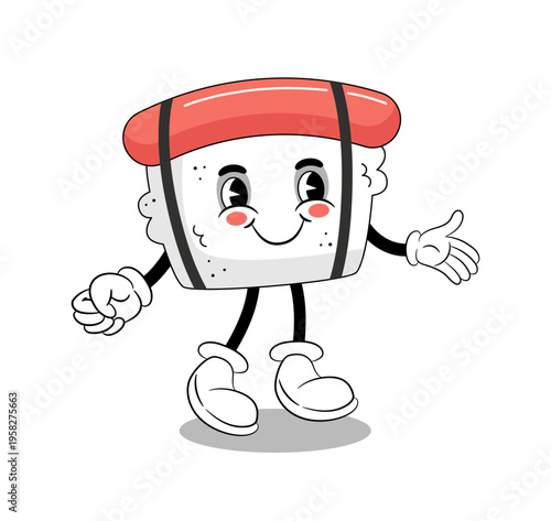 Sushi kawaii character. Cartoon rice and nori roll with salmon. Happy smiling face. Cute sashimi with hands and legs. Japanese meal. Seafood snack. Delicious fish. Asian food vector isolated mascot