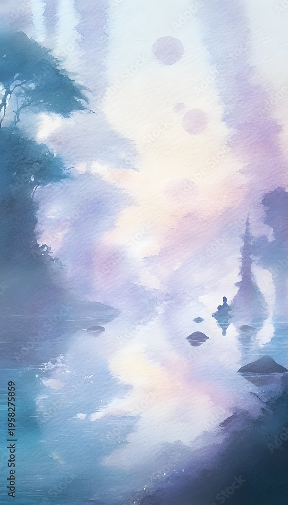 Obraz premium Serene watercolor zen garden illustration evokes mystical calm with soft pastel reflections