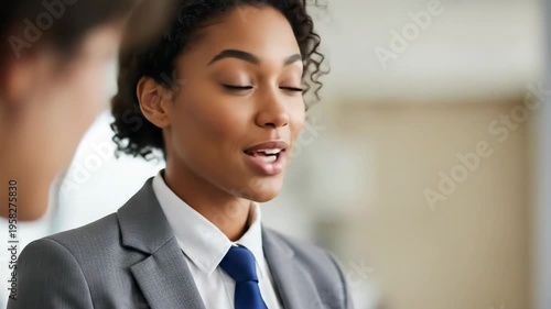 A young professional woman in a business suit smiling in a modern office