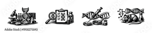 Science laboratory equipment and dna elements illustration black and white vector