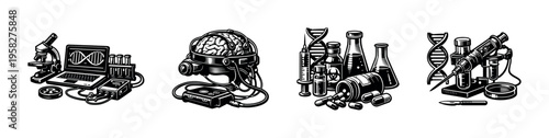 Black and white science and technology vector illustrations with dna microscope brain elements