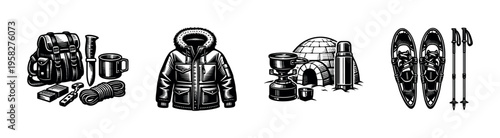 Black and white vector illustrations of camping and winter adventure gear including backpack, jacket, igloo
