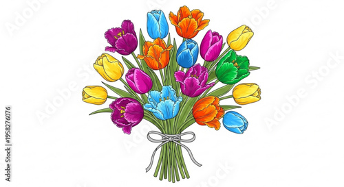 Vibrant multicolored tulip bouquet with green stems tied by gray ribbon on white background