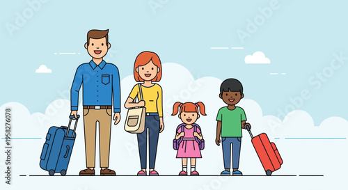 Vector illustration of family with luggage standing in line