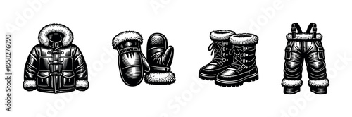 Winter clothing illustration, jacket mittens boots and overalls, black and white silhouette vector