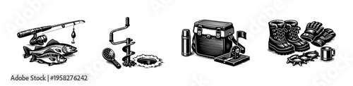 Fishing and winter equipment black and white vector illustration with rods and boots