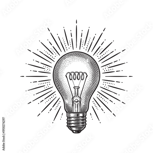 Retro light bulb with radiating lines in a black and white engraving style ink png