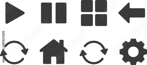 Interface icons flat black play pause grid back forward undo home refresh gear simple navigation control vector illustration