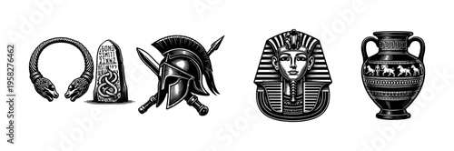 Black and white ancient artifacts illustrations, featuring helmet, pharaoh, urn, and celtic elements
