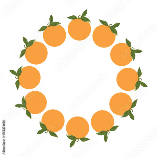 Orange fruit wreath frame with fresh citrus and leaves. Bright summer border.