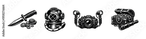 Nautical adventure elements illustration with diving helmet treasures and compass in black and white vector style