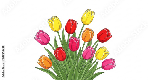 Colorful bouquet of tulips in shades of pink yellow orange and red on green stems and leaves against a white background symbolizing spring and happiness