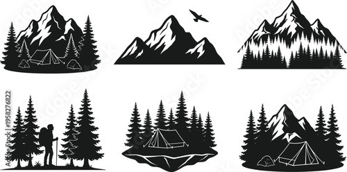 Outdoor camping illustration set, mountain peaks, pine trees, tents, hiker with backpack, wilderness adventure, nature exploration, travel design graphics