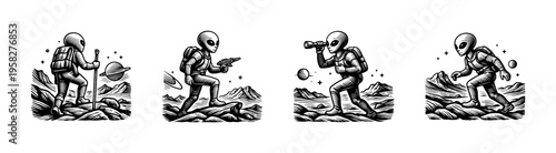 Vintage style vector illustration of alien astronauts exploring space with planets and stars