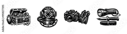 Nautical adventure equipment icons in black and white vector style featuring treasure chest diving helmet