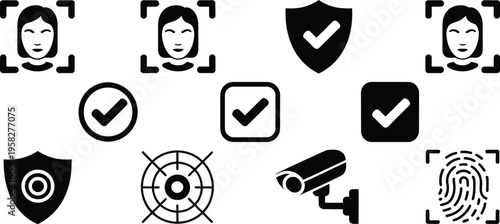 Face recognition icons, biometric scanning symbols for identity verification, secure access, and modern surveillance, minimal vector illustration for digital security.