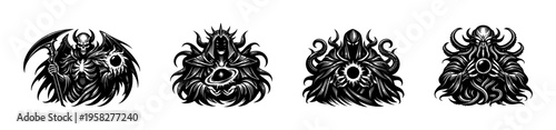 Mysterious mythical creatures illustrations, black and white vector clipart, fantasy elements
