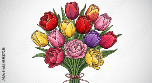 Colorful bouquet of tulips and roses tied with ribbon on white background for spring decoration