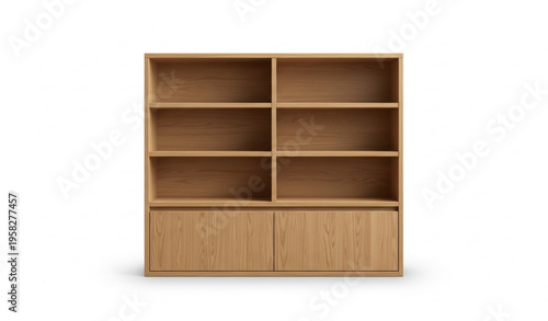 Modern oak wood bookshelf with closed cabinet doors and open shelves realistic furniture vector isolated on white