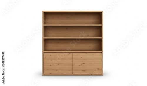 Modern oak wood bookshelf with closed cabinet doors and open shelves realistic furniture vector isolated on white