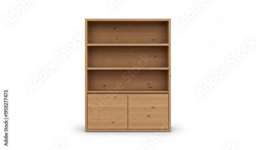 Modern oak wood bookshelf with closed cabinet doors and open shelves realistic furniture vector isolated on white