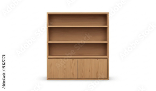 Modern oak wood bookshelf with closed cabinet doors and open shelves realistic furniture vector isolated on white