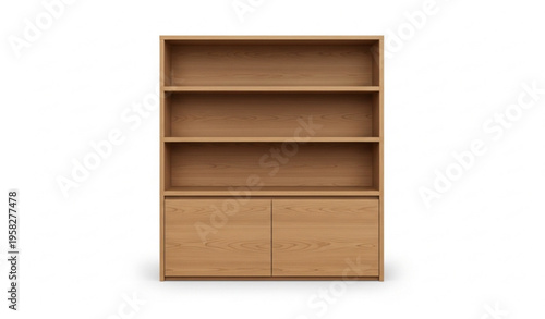 Modern oak wood bookshelf with closed cabinet doors and open shelves realistic furniture vector isolated on white