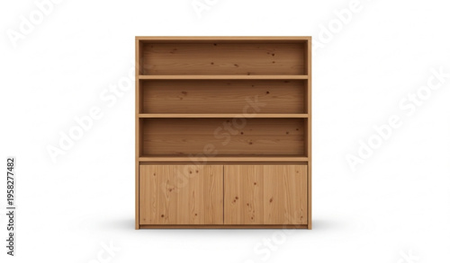 Modern oak wood bookshelf with closed cabinet doors and open shelves realistic furniture vector isolated on white