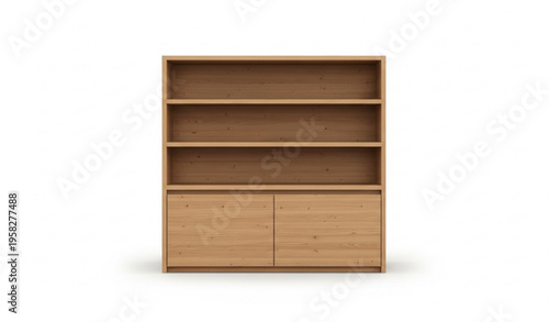 Modern oak wood bookshelf with closed cabinet doors and open shelves realistic furniture vector isolated on white