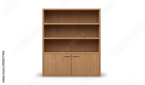 Modern oak wood bookshelf with closed cabinet doors and open shelves realistic furniture vector isolated on white