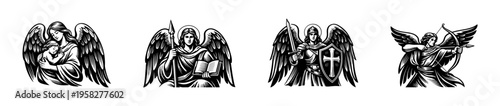Black and white angelic figures with wings and symbols silhouette illustration