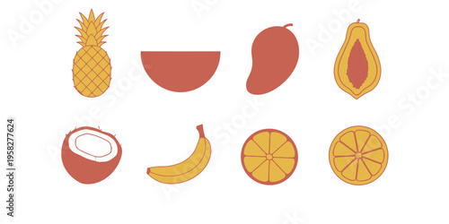 Pineapple, banana, mango, orange, papaya, and coconut flat vector icons with a summer tropical theme and minimalist design